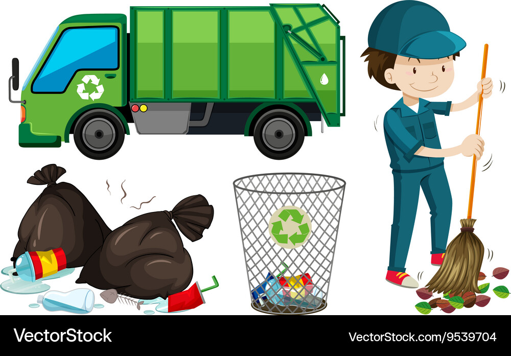 Garbage Truck and Janitor Scene Vector Image