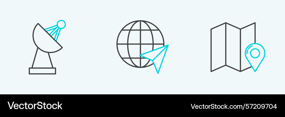 Set line folded map with location marker radar Set line folded map with location marker radar vector image