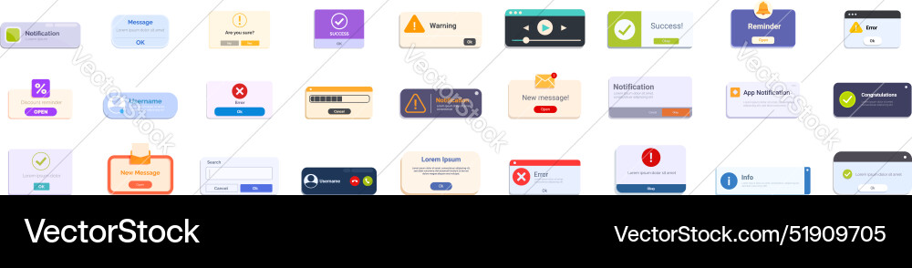 Alert box ui icons set of various pop up vector image