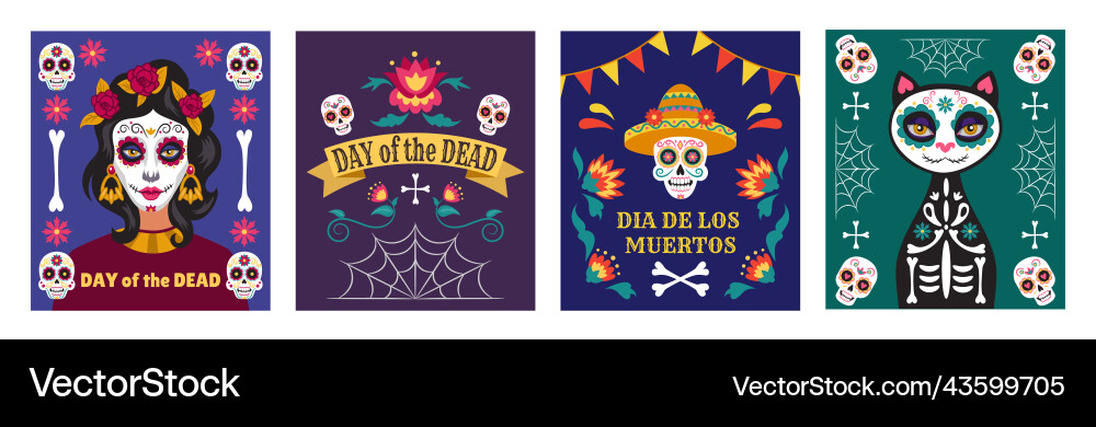 Mexican dead day posters catrina calavera cat Mexican dead day posters catrina calavera cat vector image