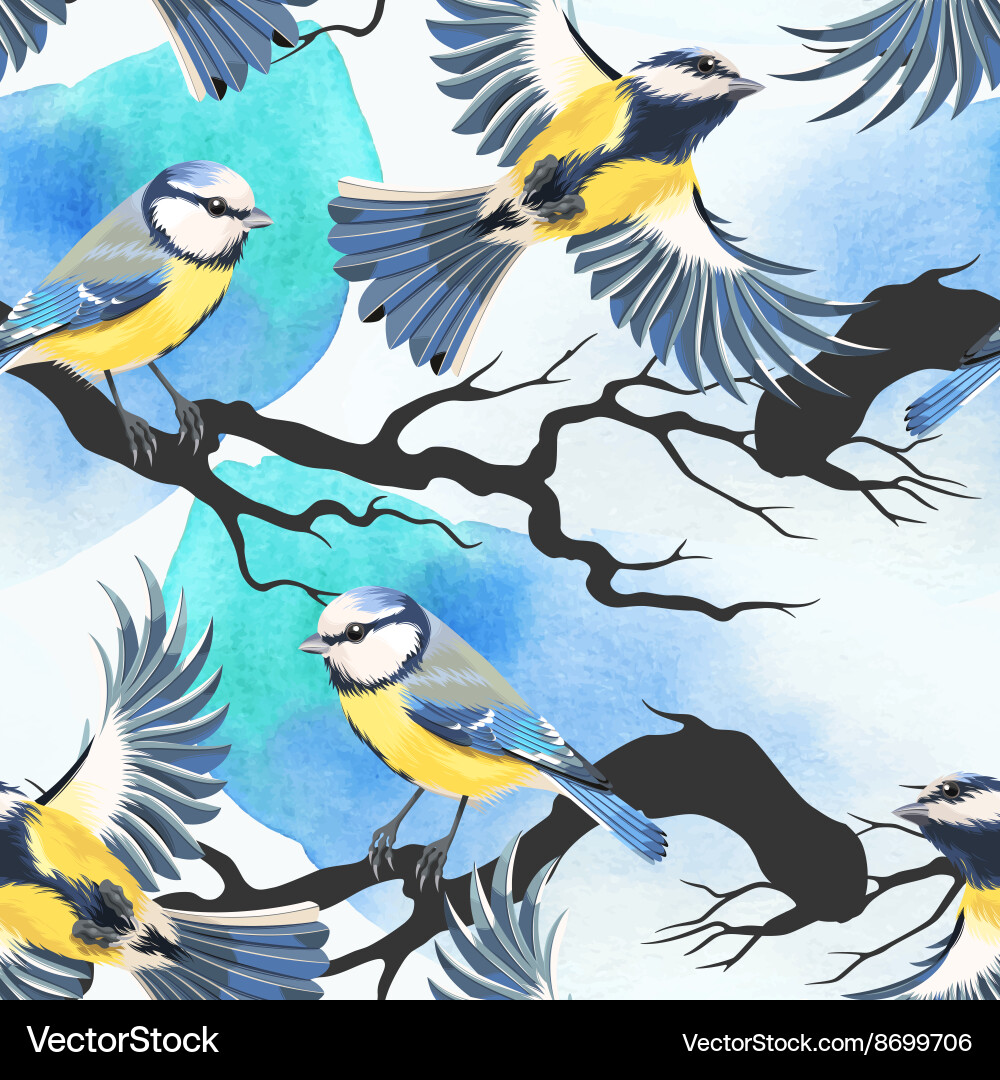 Tomtit Watercolor Seamless Pattern Vector Image