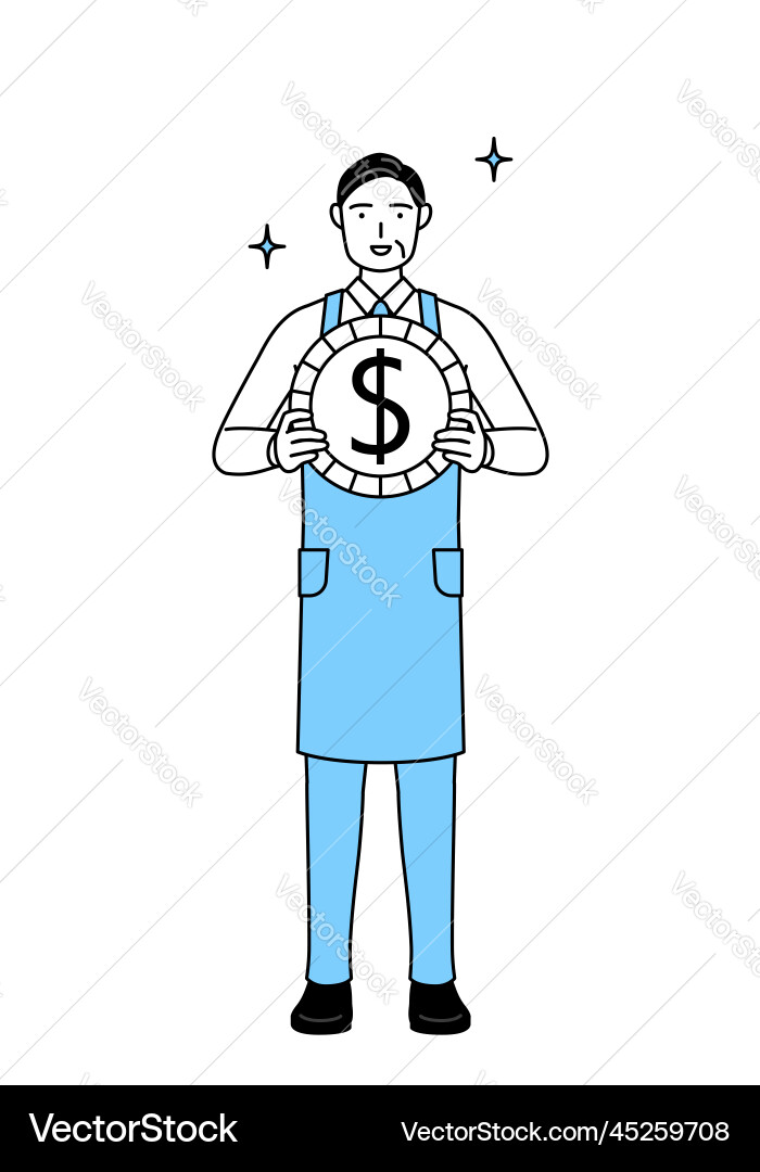 A senior man in an apron with images of foreign A senior man in an apron with images of foreign Vector Image