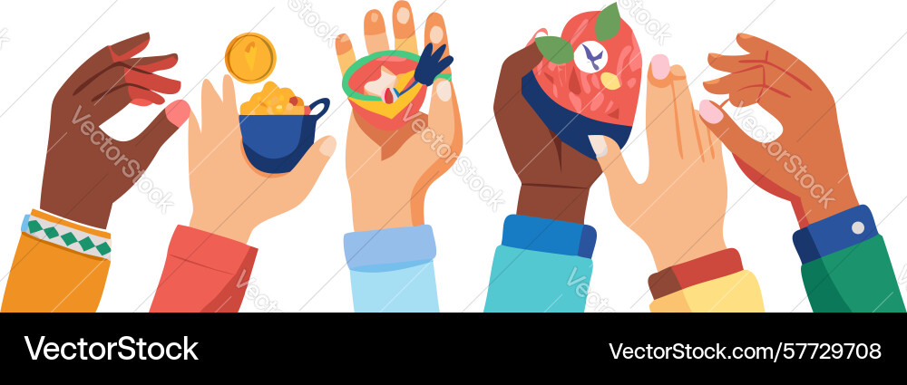 Diverse hands raised in unity and collaboration vector image