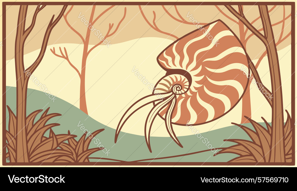Nautilus shell and ufo in forest design Vector Image