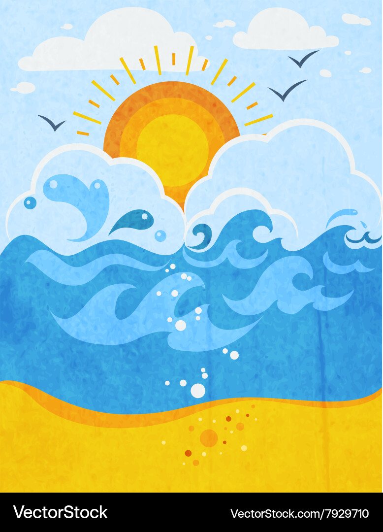 Ocean Waves with Sun & Seagulls Vector Image
