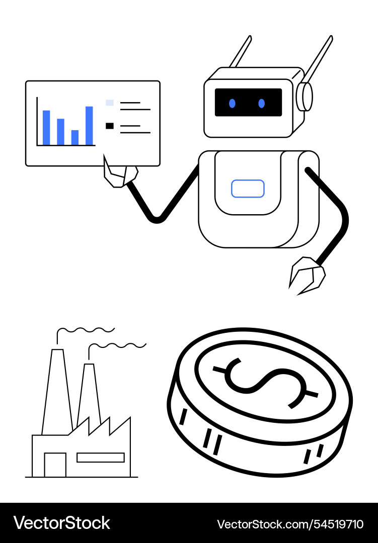 Robot presenting business data with factory Robot presenting business data with factory vector image