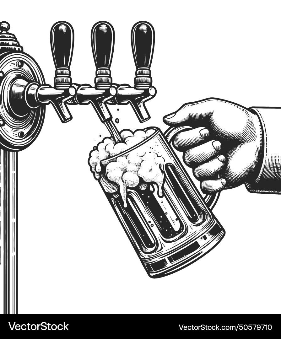 Vintage beer tap pouring into mug sketch vector image