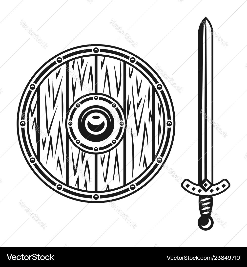 Wooden shield and sword set of objects Wooden shield and sword set of objects vector image