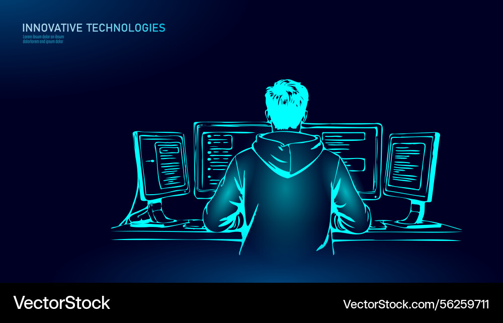 Developer works computers back view programmer Developer works computers back view programmer Vector Image