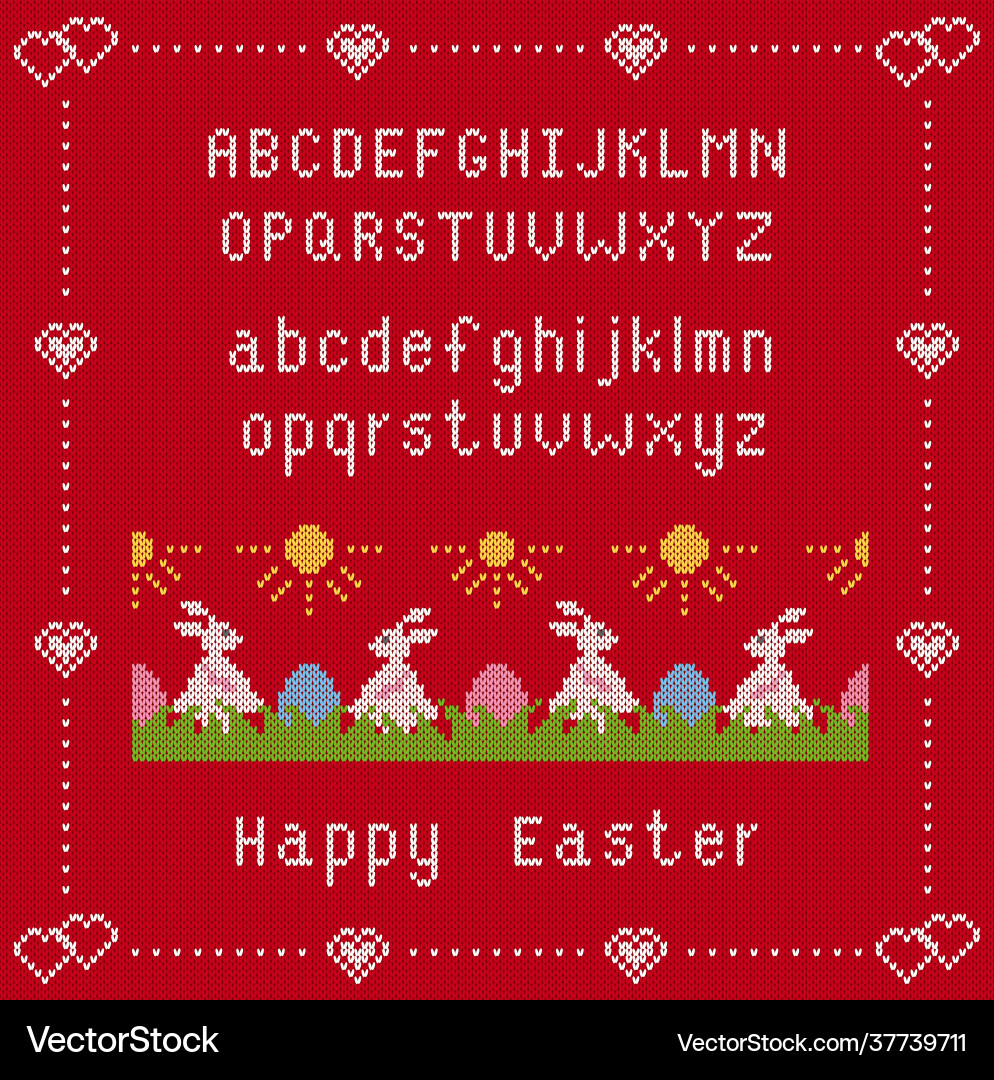 Knit alphabet easter bunny and eggs on red Vector Image