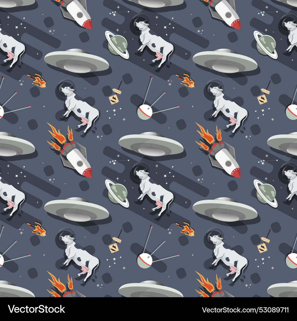 Seamless pattern cow with ufo in outer space flat Seamless pattern cow with ufo in outer space flat vector image