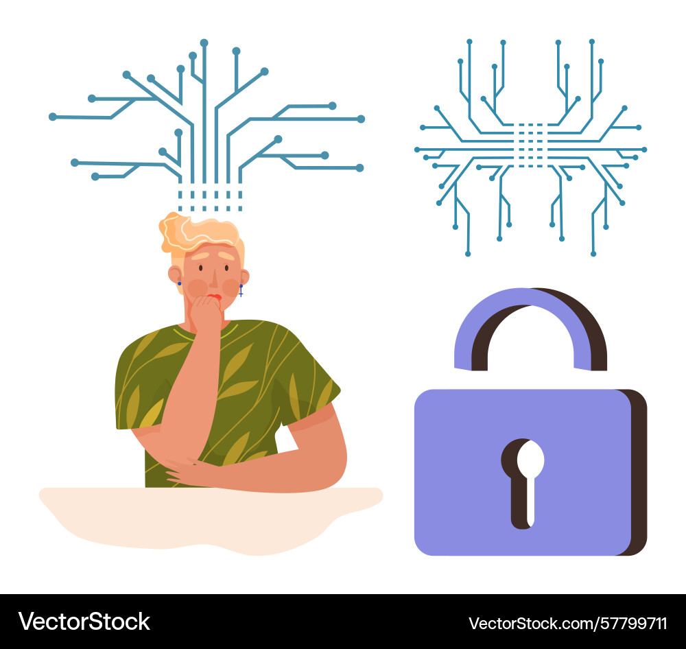 Thoughtful person with digital circuits and lock Vector Image