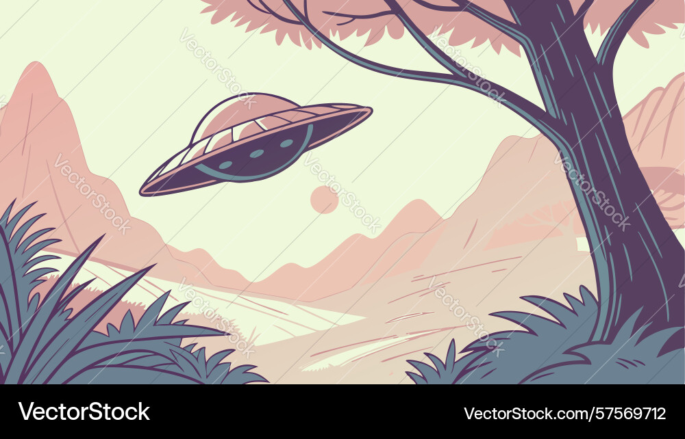 Ufo hovering in stylized forest setting design Vector Image