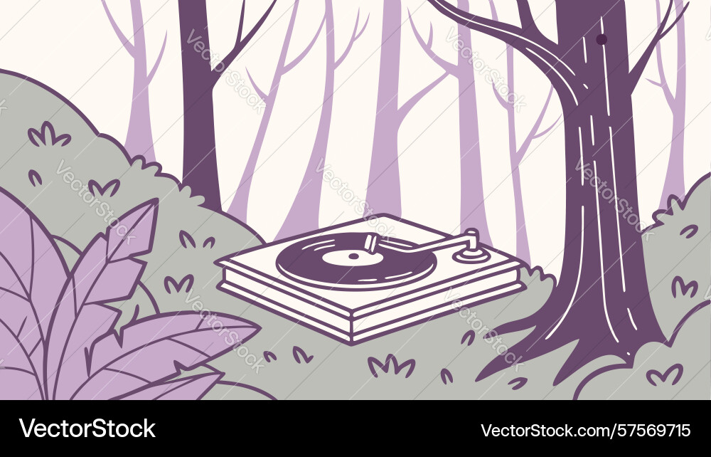 Ufo and record player in forest clearing design vector image
