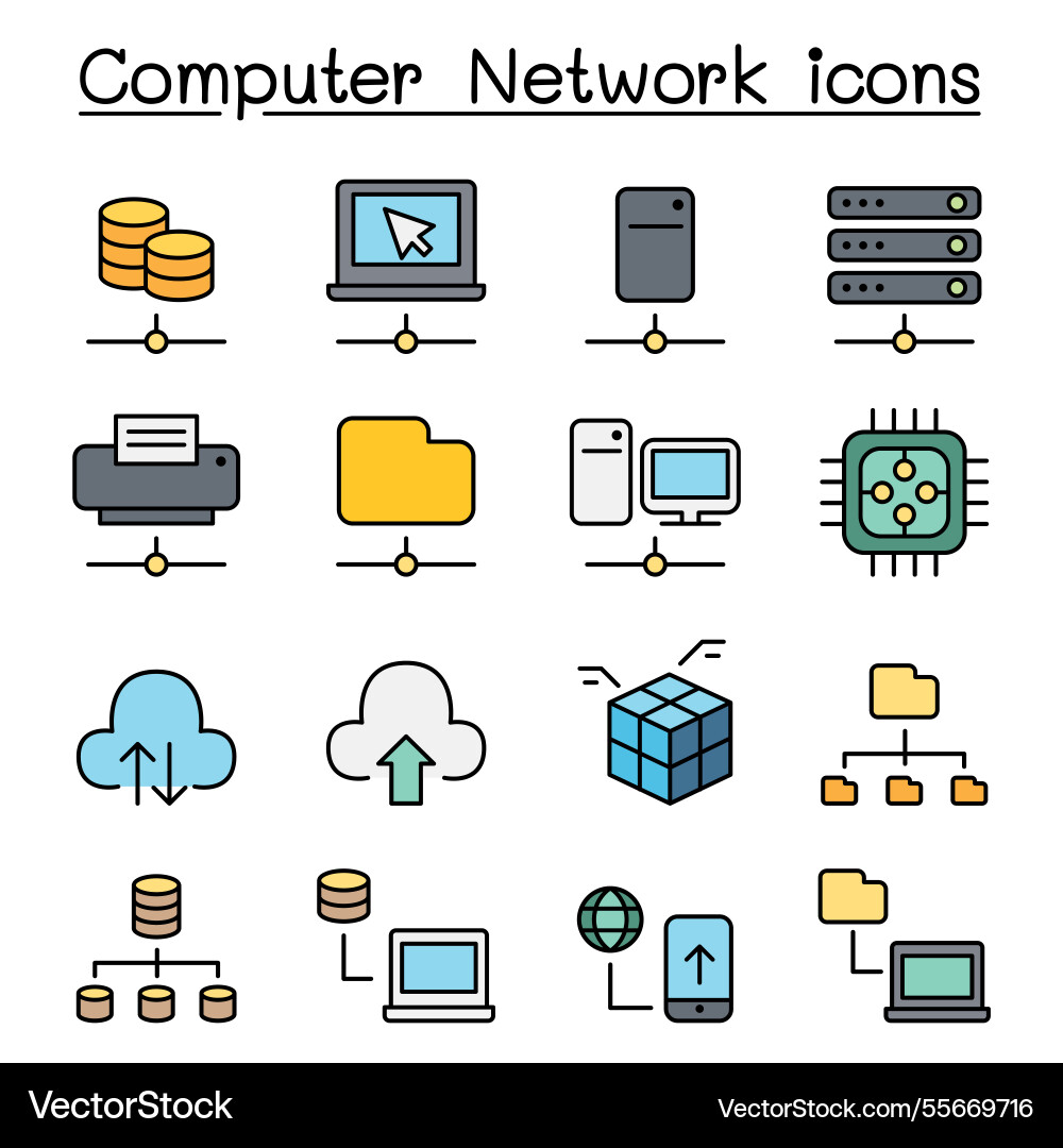 Computer network and server hosting icon set Computer network and server hosting icon set vector image
