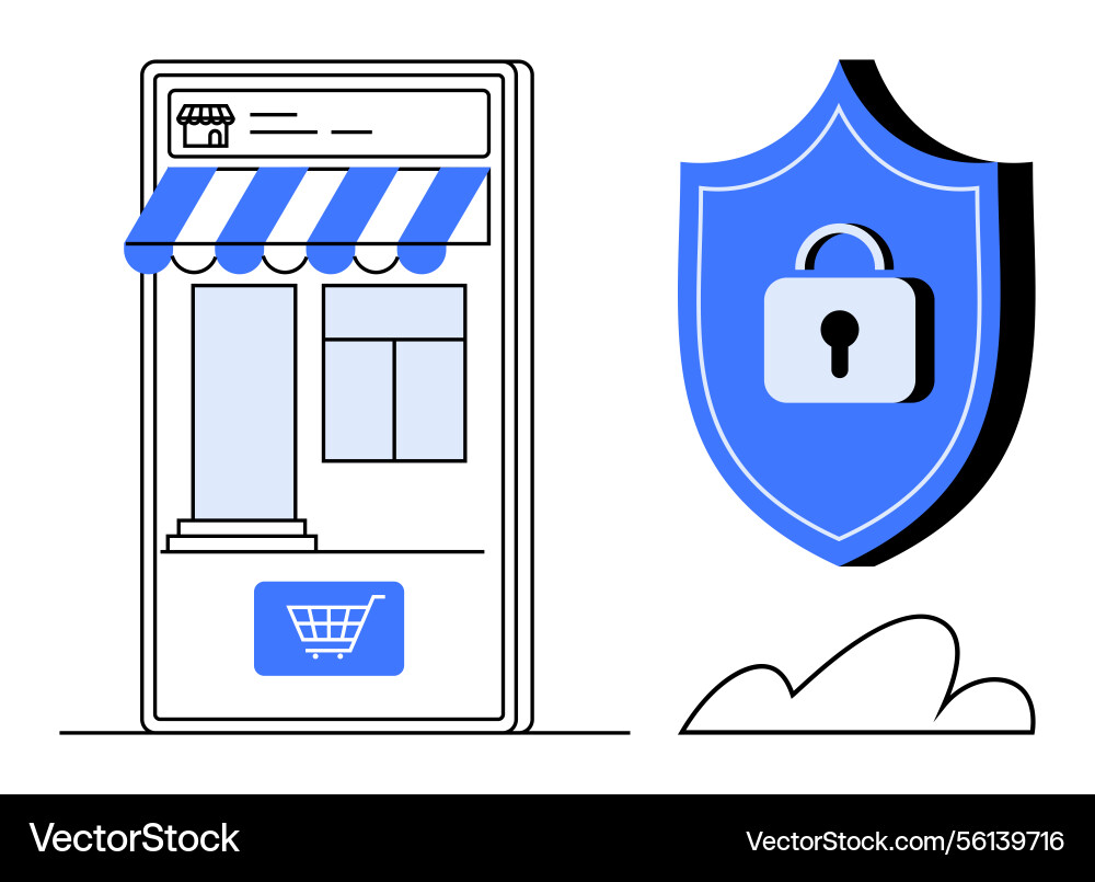 Online storefront and security shield with lock Online storefront and security shield with lock vector image