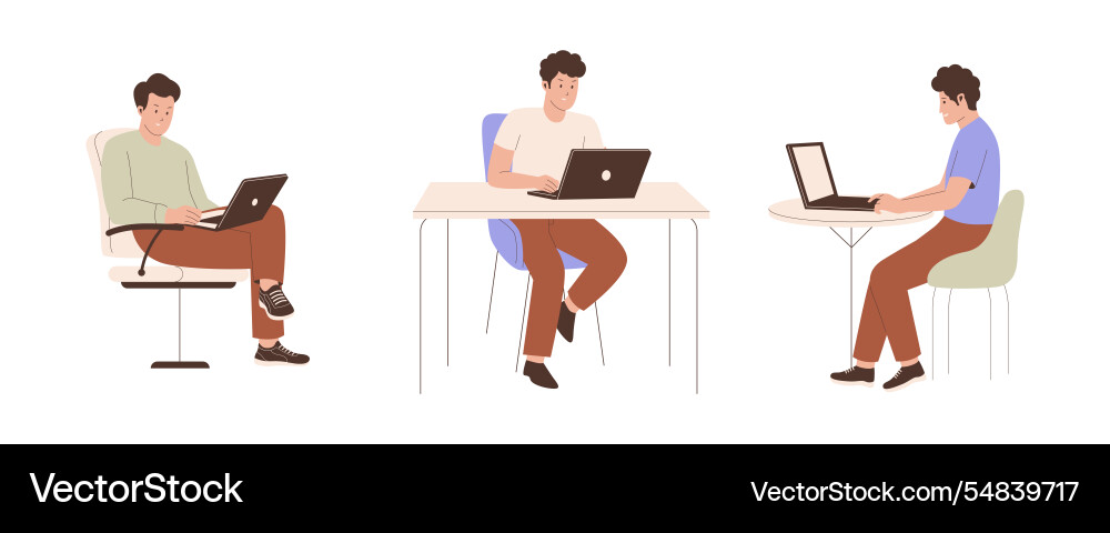 Man working at laptops set Man working at laptops set Vector Image