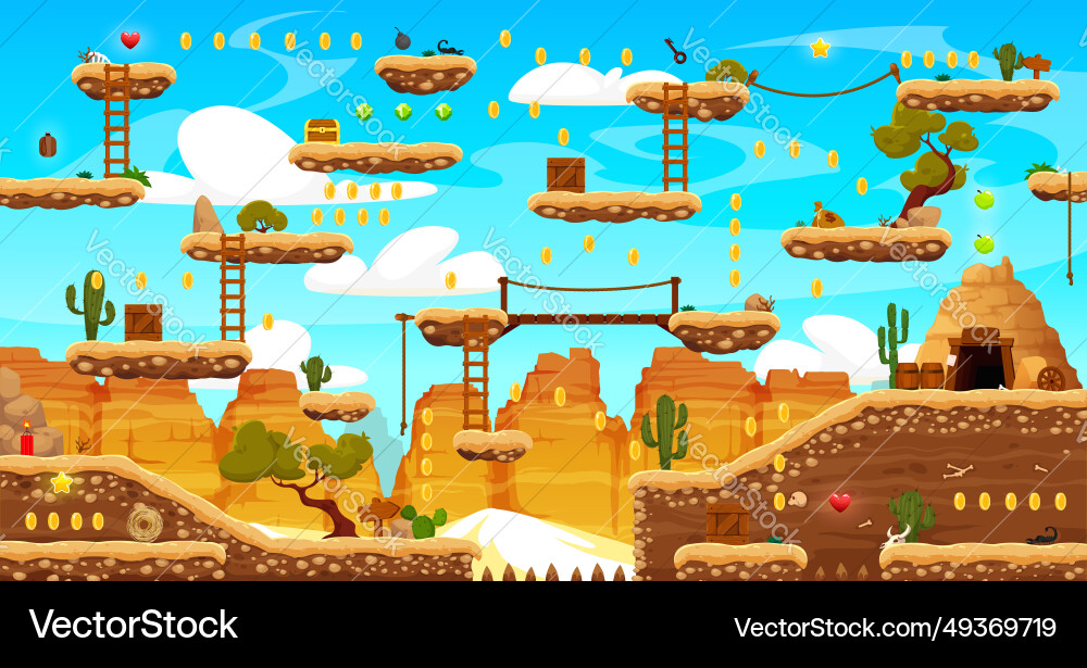 Wild west arcade game level map with platforms Wild west arcade game level map with platforms vector image