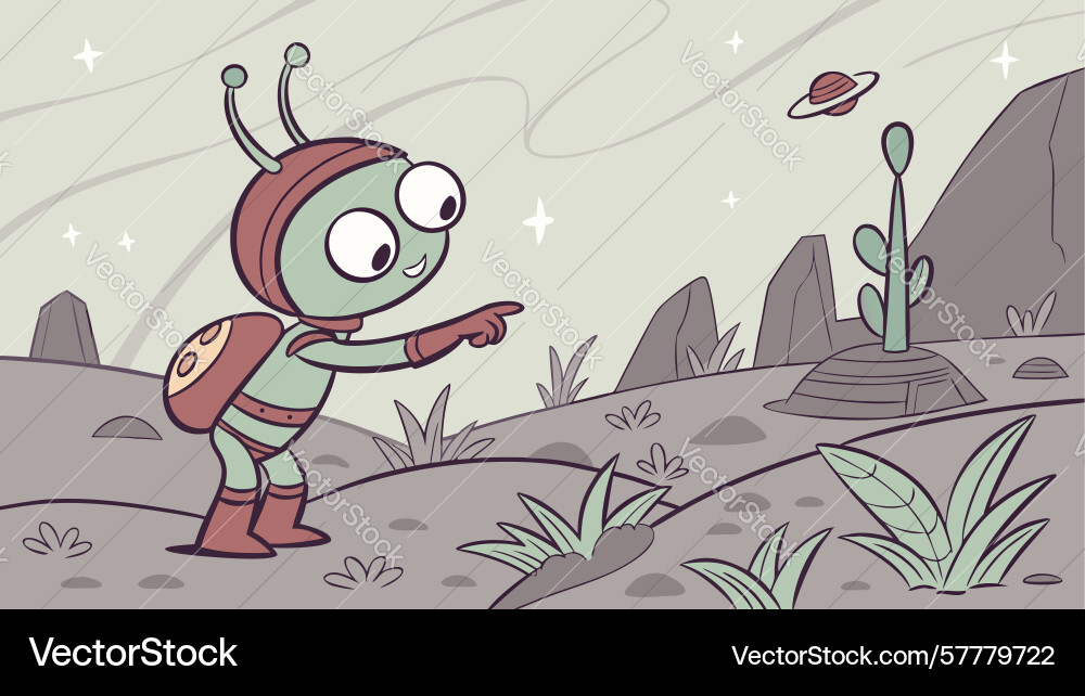 Friendly alien pointing to ufo on planet Vector Image