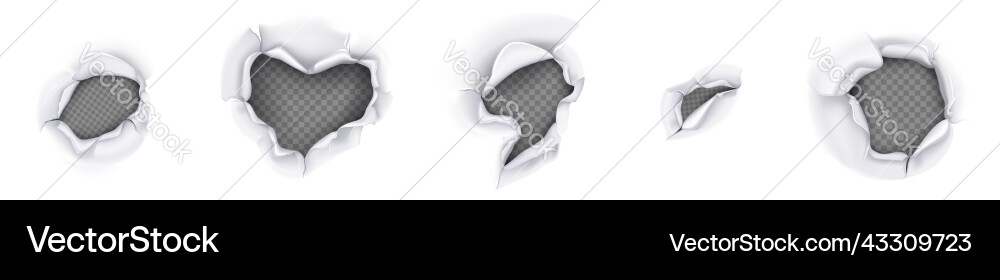 Holes in paper pages with torn curve edges set Holes in paper pages with torn curve edges set Vector Image