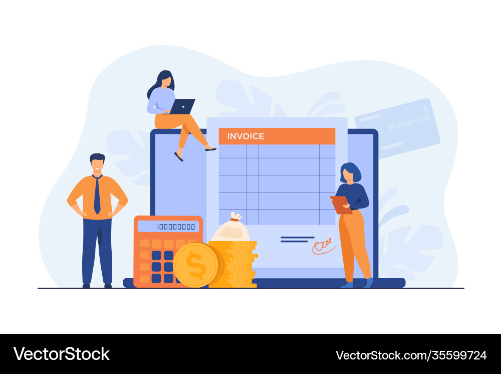 Tiny people preparing invoice on computer Vector Image