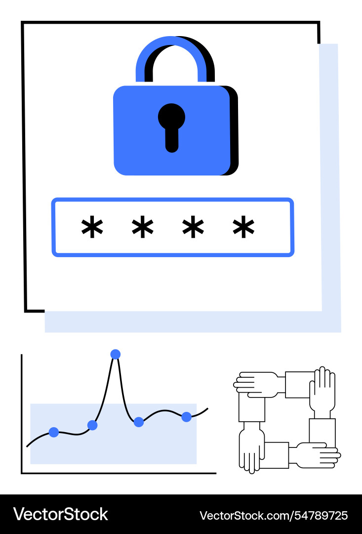 Cybersecurity elements lock graph and teamwork Cybersecurity elements lock graph and teamwork vector image