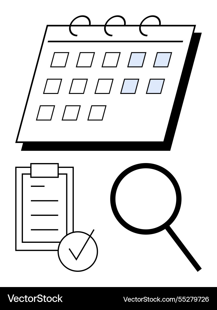 Calendar with tasks checklist and magnifying Calendar with tasks checklist and magnifying vector image