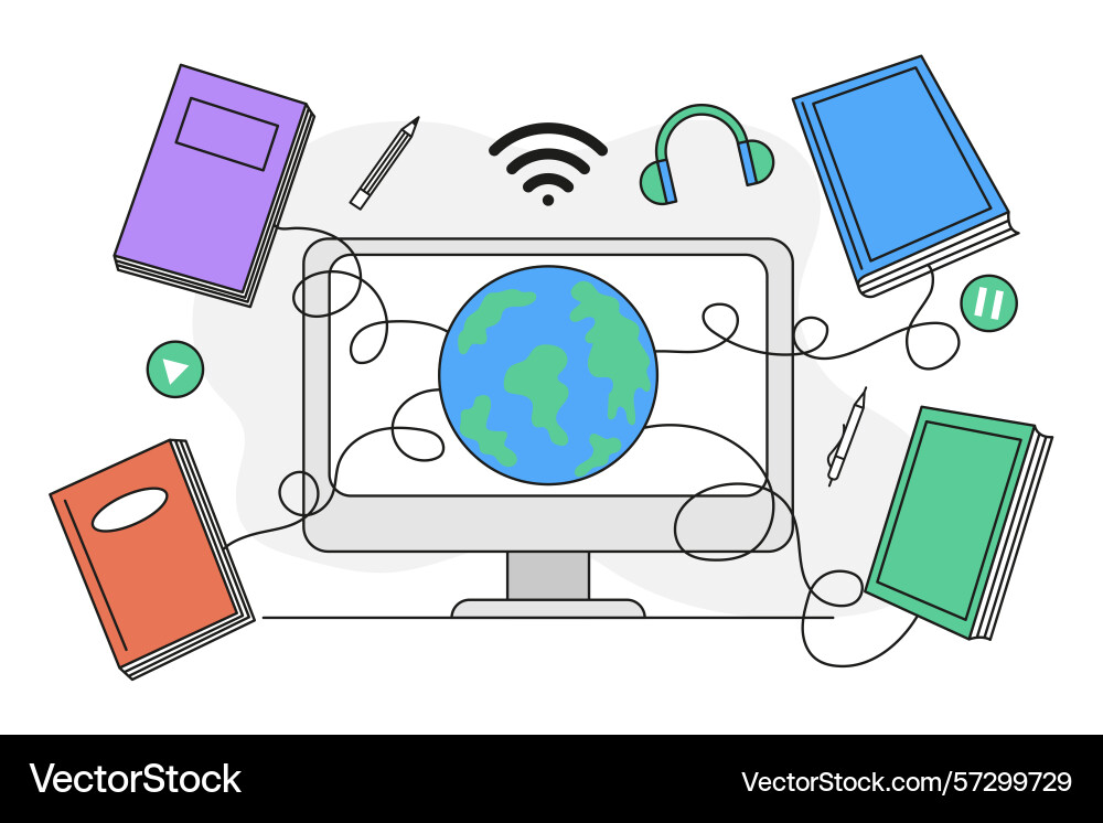 Computer with globe on screen surrounded by books Computer with globe on screen surrounded by books vector image
