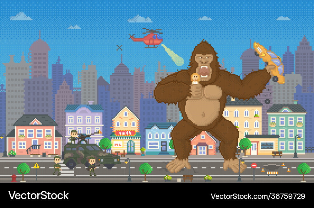 King kong in pixel-game layout design gorilla vector image