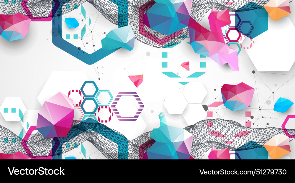 Abstract wave with colorful hexagons and plexus Vector Image