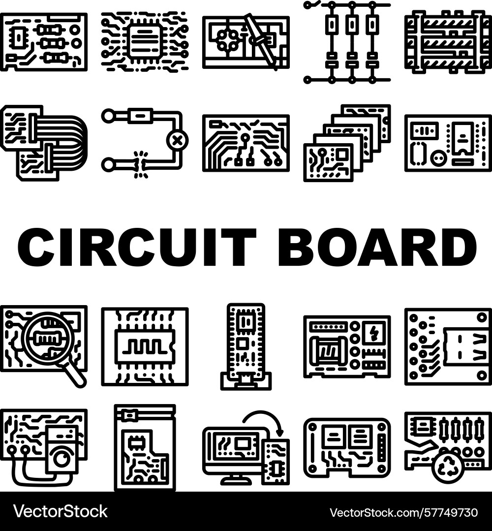 Circuit board pcb microcontroller icons set Circuit board pcb microcontroller icons set vector image