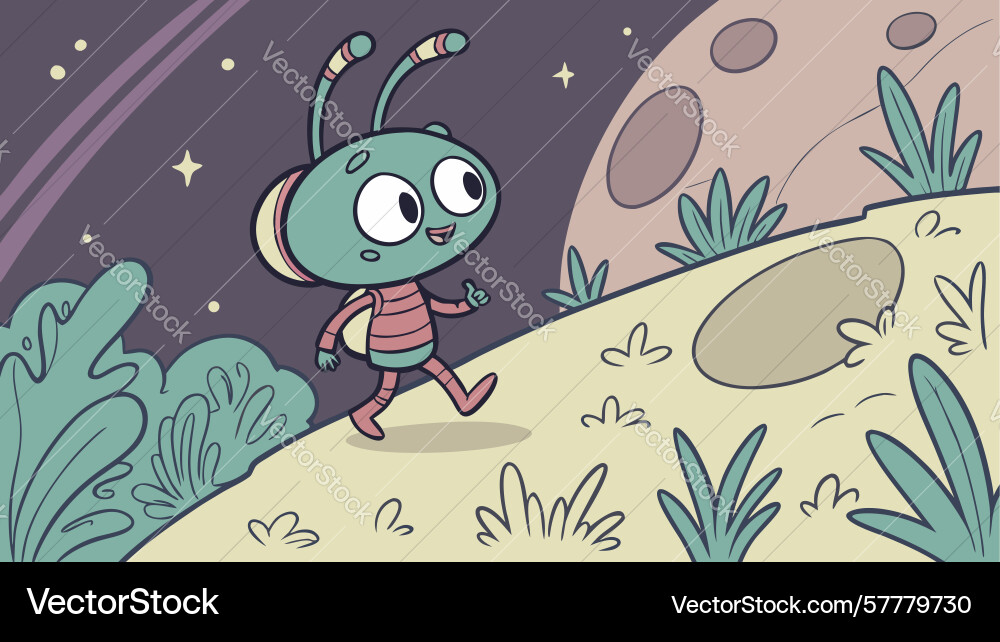 Little alien running on an planet surface Vector Image