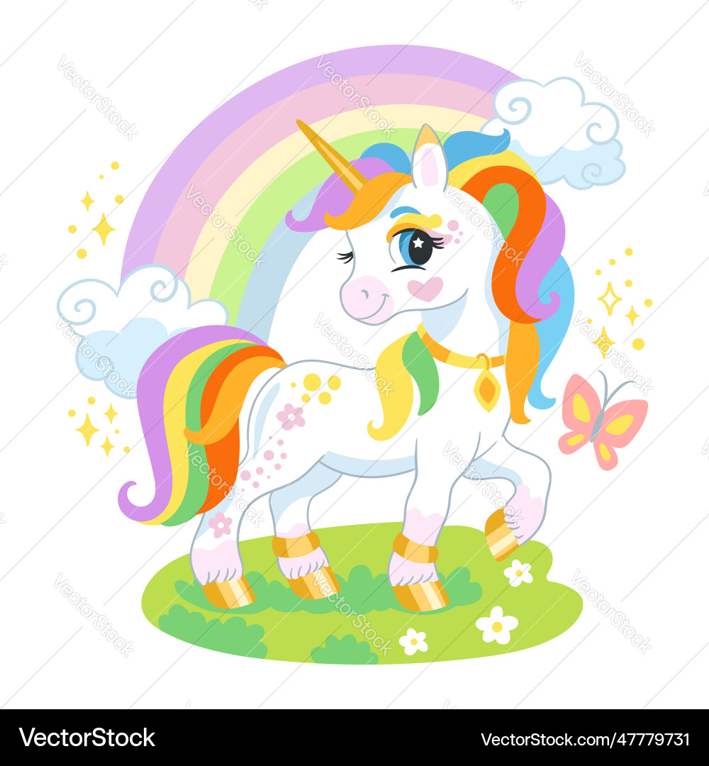 Cute cartoon character happy unicorn Cute cartoon character happy unicorn vector image