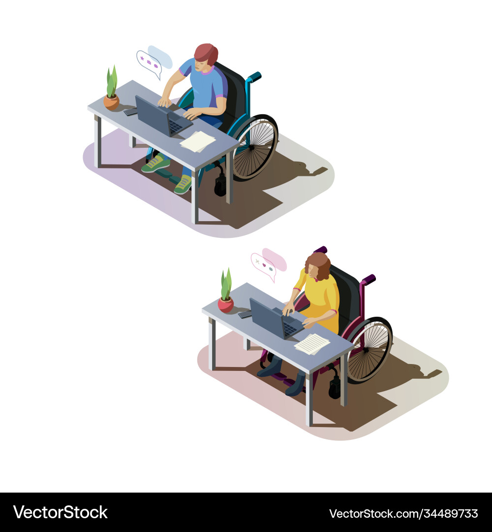 Invalids in wheelchair are working on computer Invalids in wheelchair are working on computer vector image