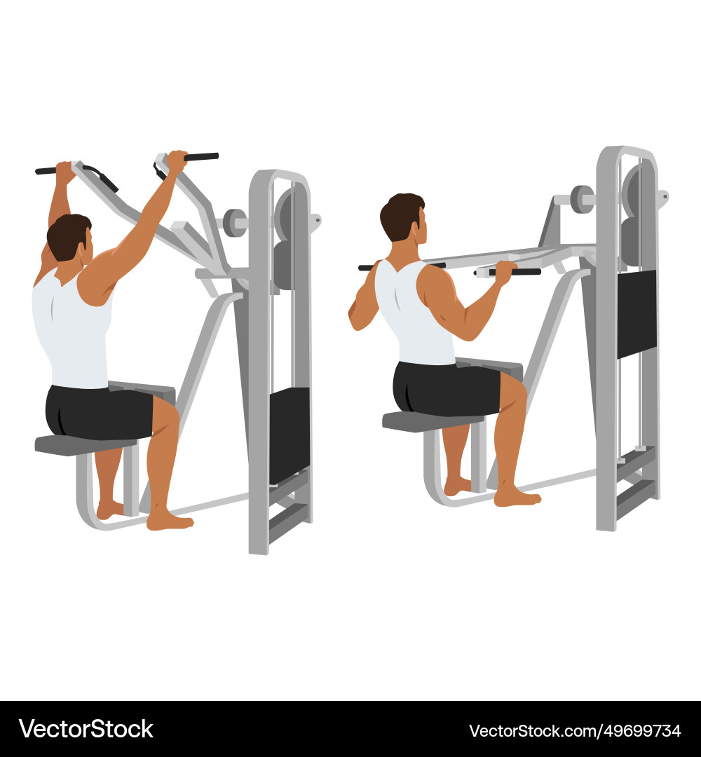 Man doing lever front pulldown lat machine pull Man doing lever front pulldown lat machine pull vector image