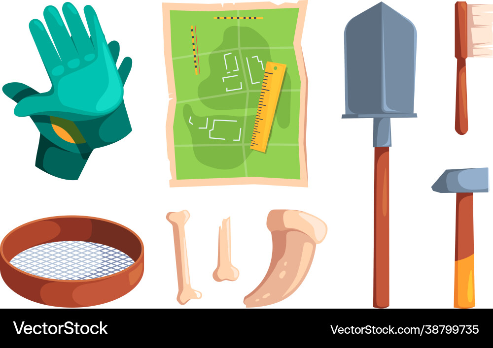 Archeology tools digging items archiological Archeology tools digging items archiological vector image
