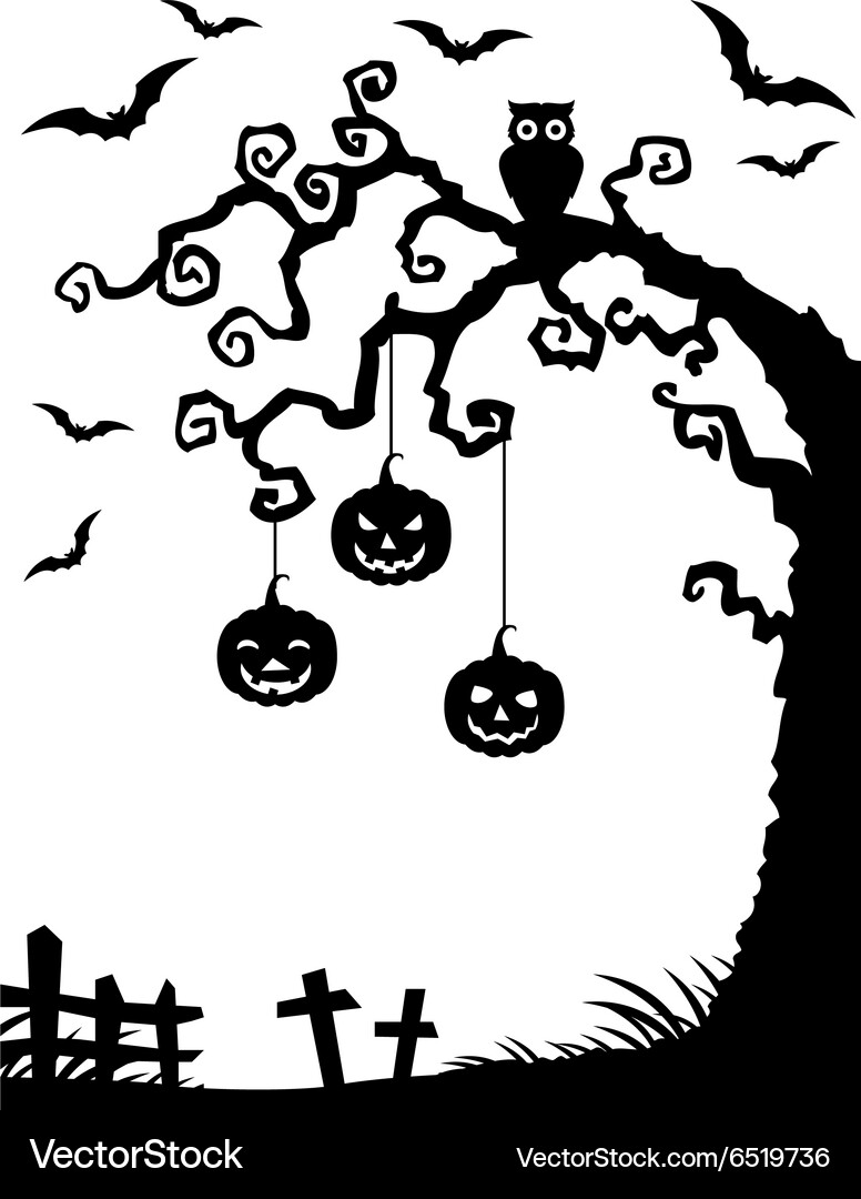 Halloween Tree Silhouette with Pumpkins Vector Image
