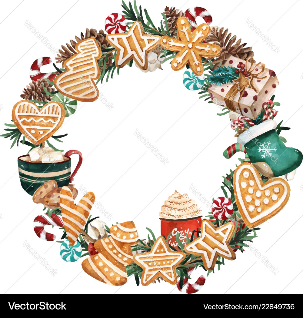 Watercolor christmas wreath with gingerbread Watercolor christmas wreath with gingerbread vector image