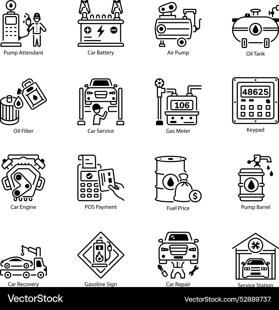 Bundle of gas station and mechanics linear icons vector image