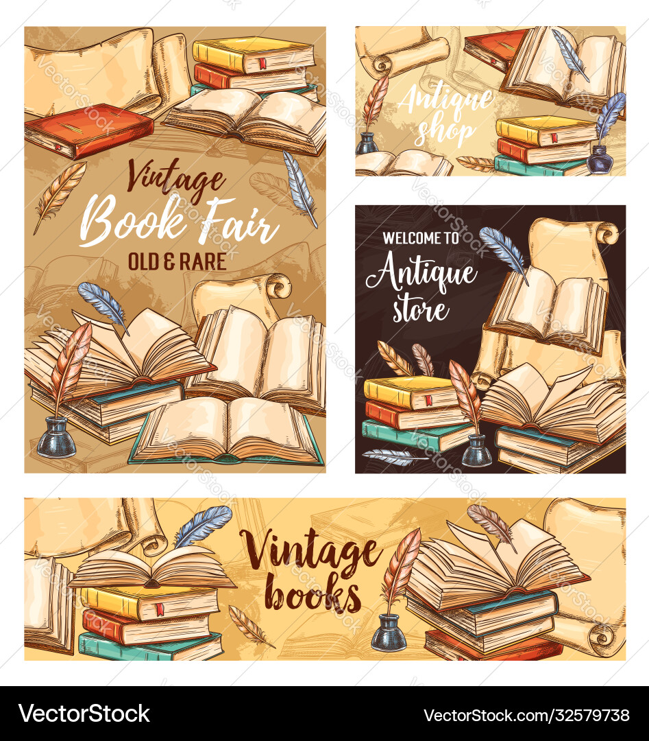 Feather pen old book and ink sketch banners vector image