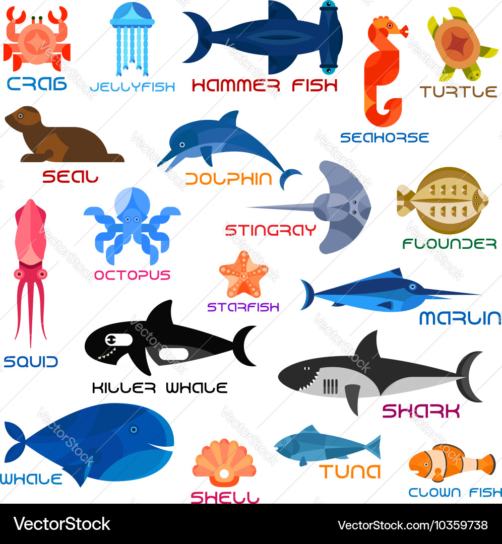 Oceanarium ocean animals and fishes with names Vector Image