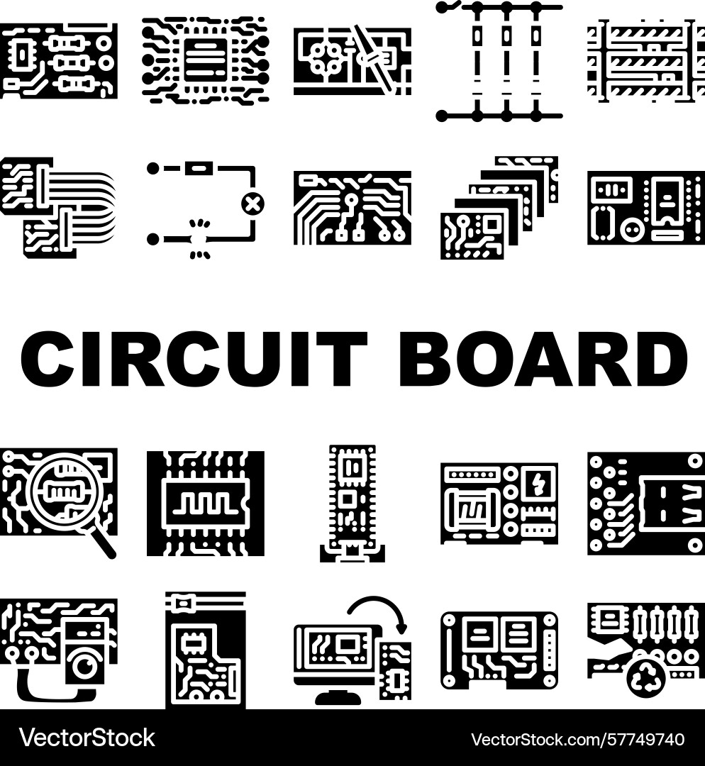 Circuit board pcb microcontroller icons set Circuit board pcb microcontroller icons set vector image