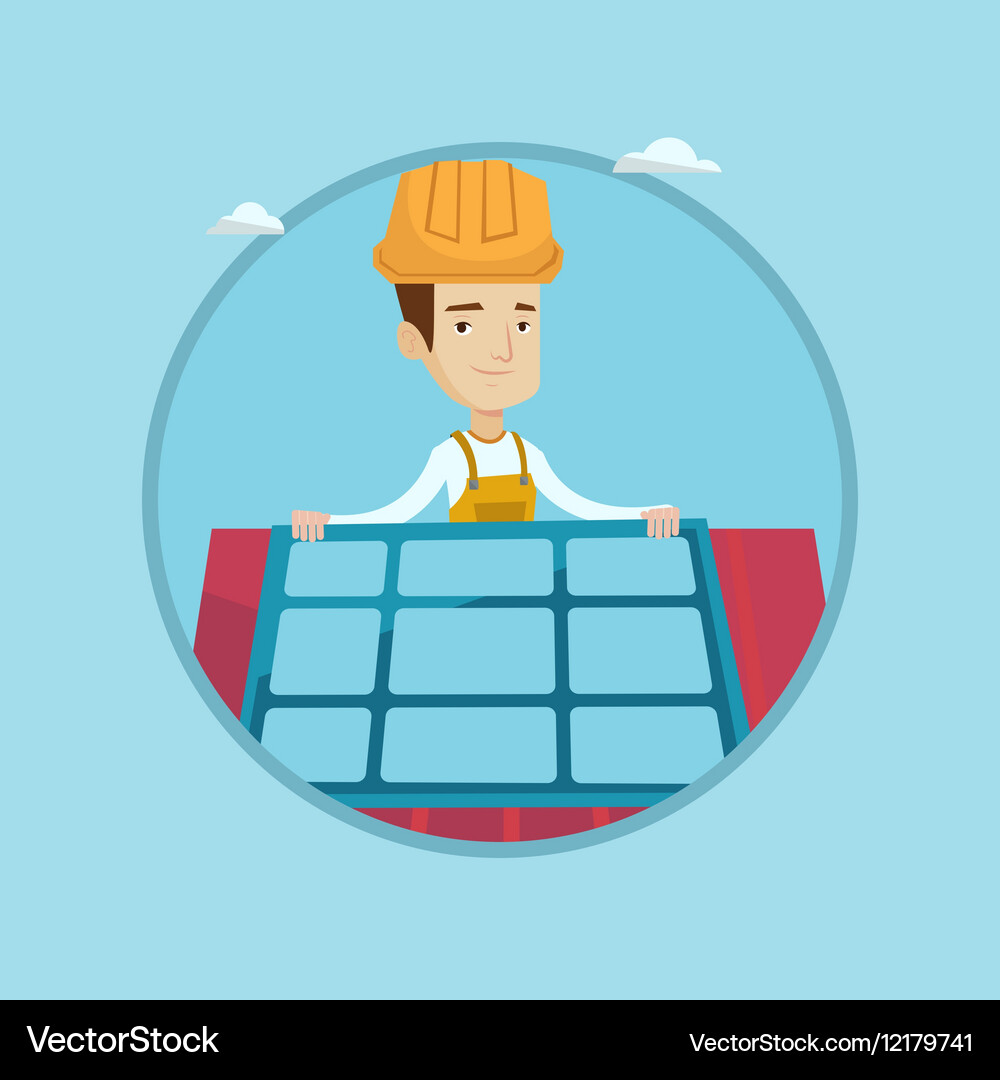 Constructor installing solar panel Vector Image