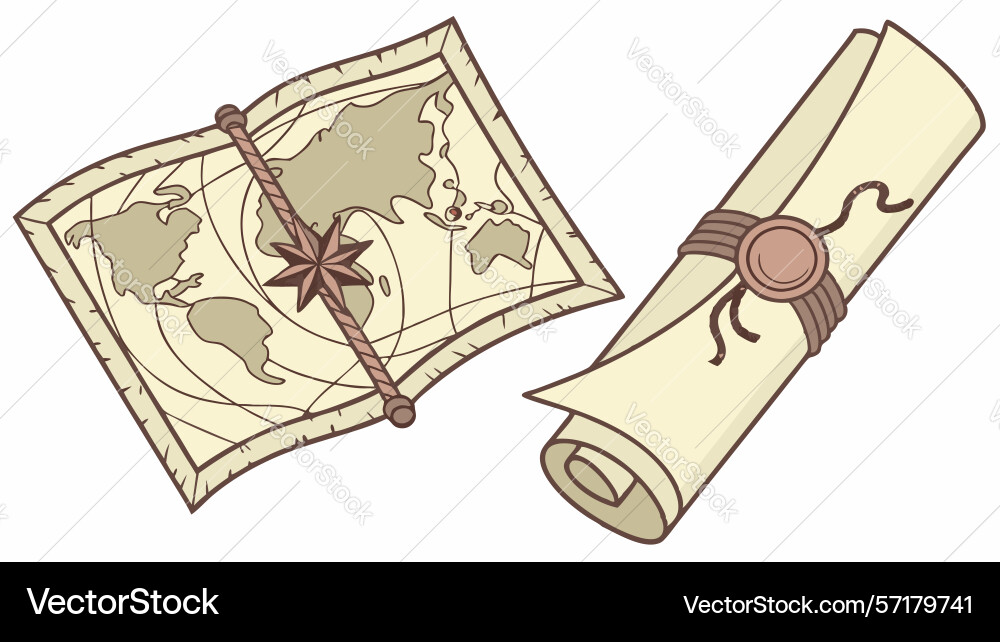 Old maps and scroll with compass rose design vector image