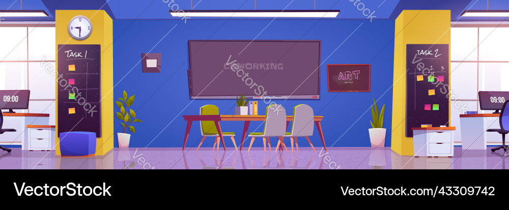 Coworking office workplace interior boardroom Coworking office workplace interior boardroom vector image