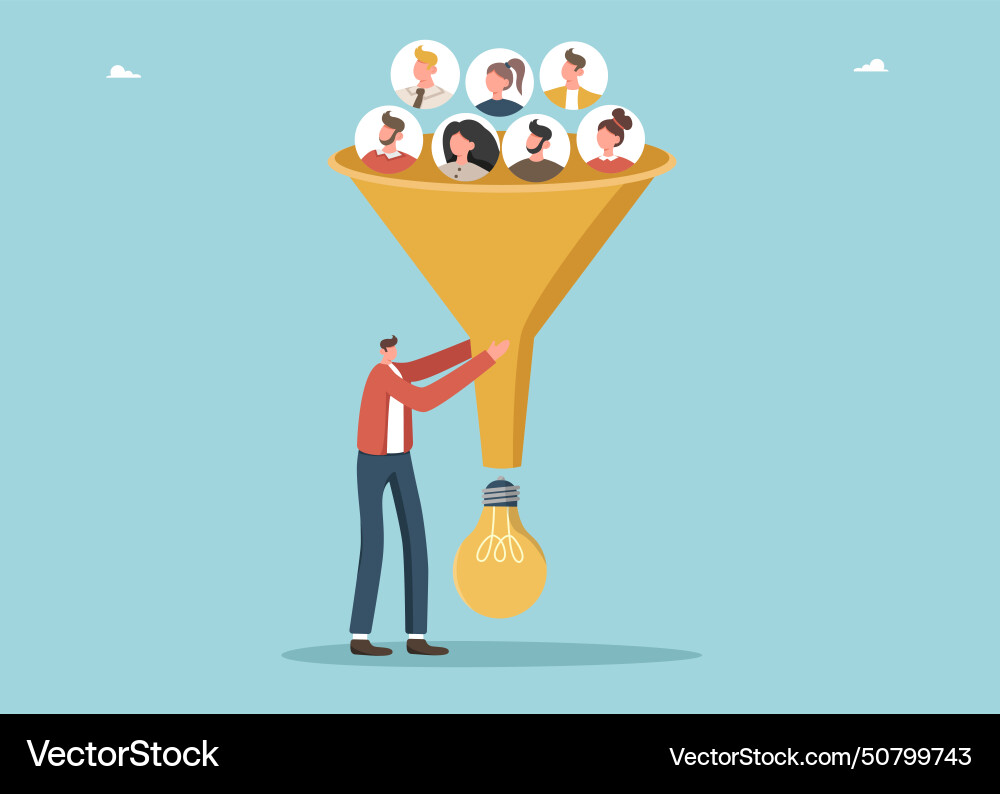 Man using funnel to make light bulb from people Man using funnel to make light bulb from people vector image