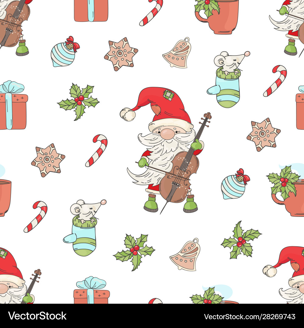 Santa cello christmas seamless pattern illu Santa cello christmas seamless pattern illu vector image