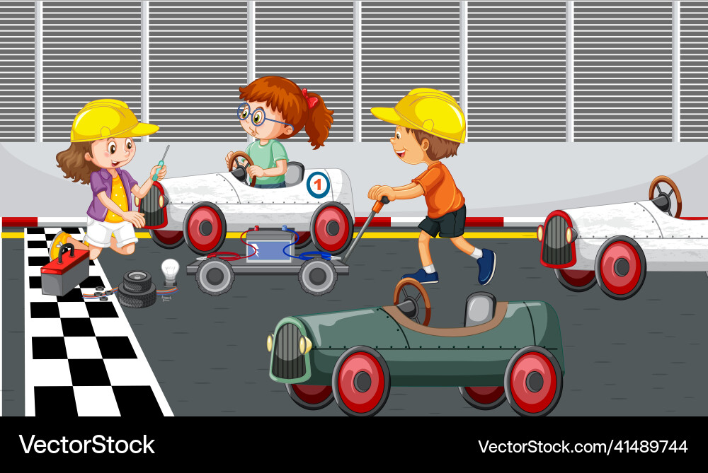 Soapbox derby scene with children fixing a race Vector Image