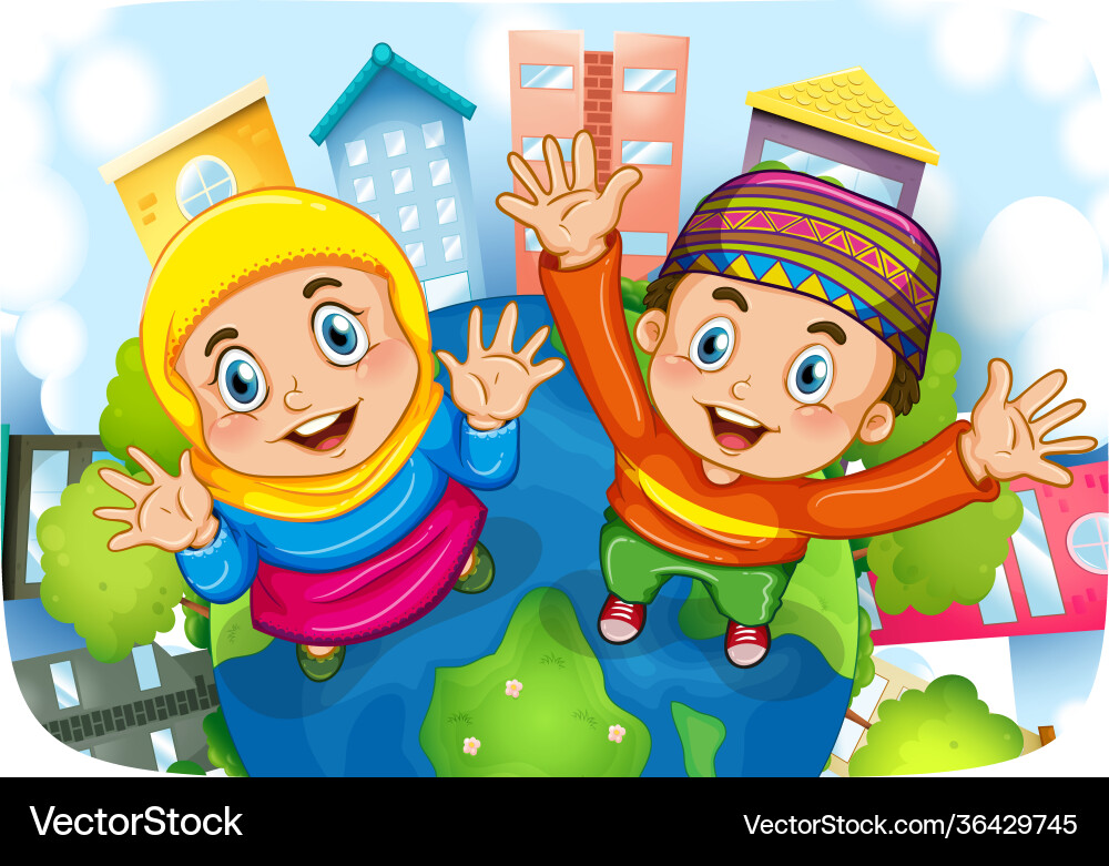 Muslim sister and brother cartoon character Muslim sister and brother cartoon character vector image