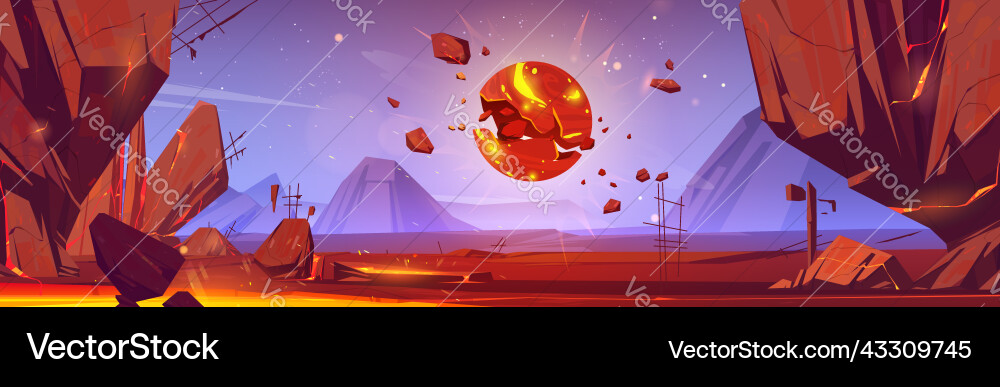 Space alien planet landscape with exploding moon Space alien planet landscape with exploding moon vector image